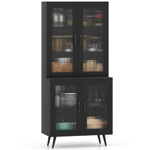 Costway Kitchen Pantry Cabinet 179cm Cupboard w/4 Transparent Doors Adjustable Shelf Legs Sideboard Bookcase Black