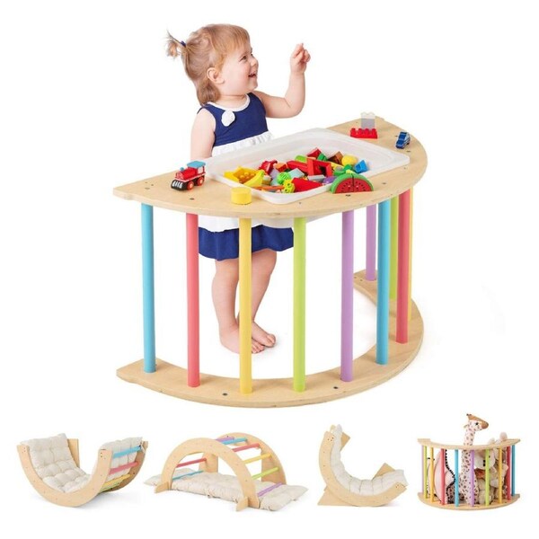 Costway Climb Playset 6 in 1 Climbing Arch Frame Wooden Stoppers Toy Rocker Chair Table w/Storage Multi