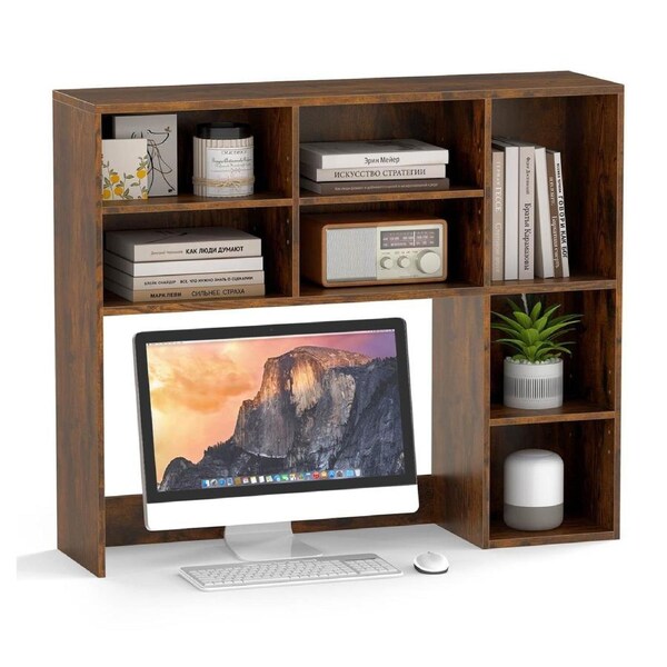 Costway Desktop Bookshelf Desk Hutch w/3 Adjustable Shelf & Open Display Rack for up to 27” Monitors Brown