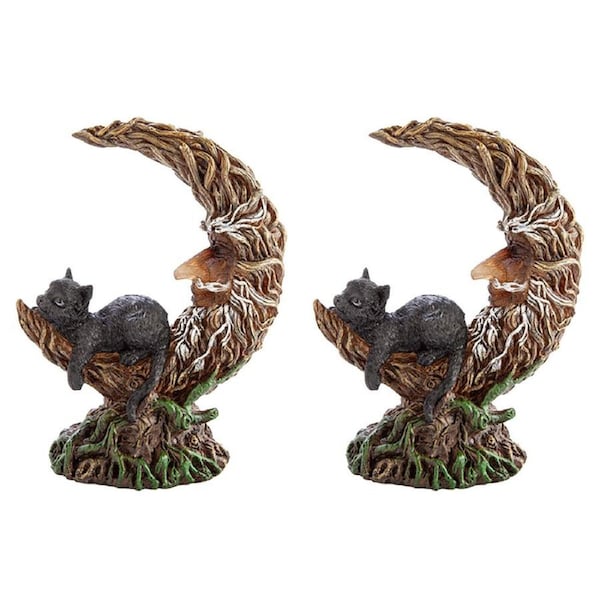 2PK MDI LED Polyresin Moon Tree w/Black Cat Figure Decor Night Light 16.5x21.2cm