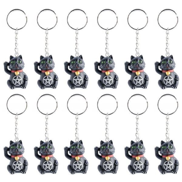 12PK Lucky Cat Keychain Black Kitty Figure Toy Bag Charm Novelty for Kids 3x6cm