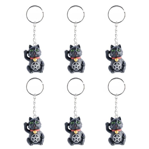 6PK Lucky Cat Keychain Black Kitty Figure Toy Bag Charm Novelty for Kids 3x6cm