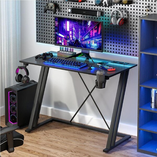 Advwin Gaming Desk Built-in LED Lights & Power Outlets 100cm Carbon Fiber Surface Computer Desk with Cup Holder & Headphone Hook Black