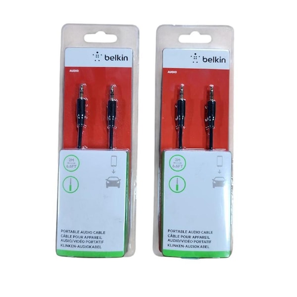 2x Belkin Audio AUX Cable 3.5mm to 3.5mm Speaker Gold Plated 2M - Black