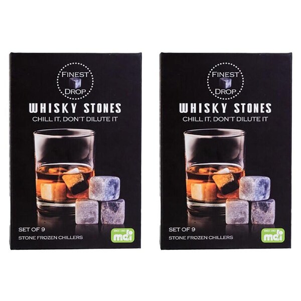 2x 9pc MDI On The Rocks Whisky Stones Bar Set Chilled Ice Cubes Reusable Grey