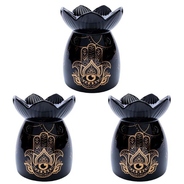 3PK Wild Scents Oil Burner Hamsa Wax Melts Candles Holder Decor 12.2x14cm Black