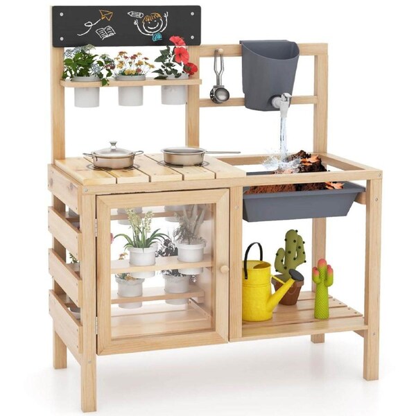Costway Mud Kitchen Playset Pretend Play Kitchen Toy Set w/Removable Sink & Chalkboard
