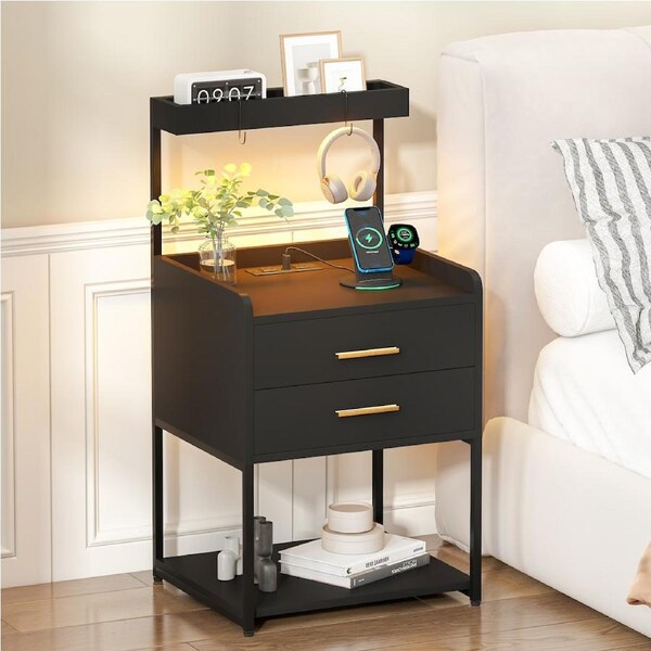 Advwin Bedside Table with Charging Station and LED Lights 2 Drawers and 3 Storage Shelves Black