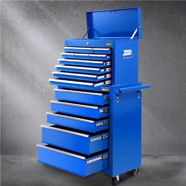 Giantz 15 Drawers Tool Chest Trolley Toolbox 2-in-1 Storage Blue