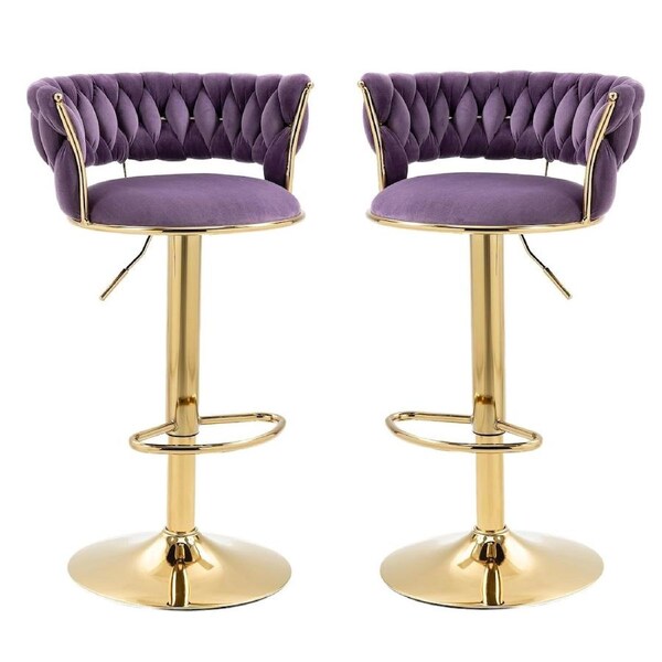 SERENITà 2x Height Adjustable Swivel Bar Stool Velvet Golden Base Barstools Chairs Padded Seat Violet