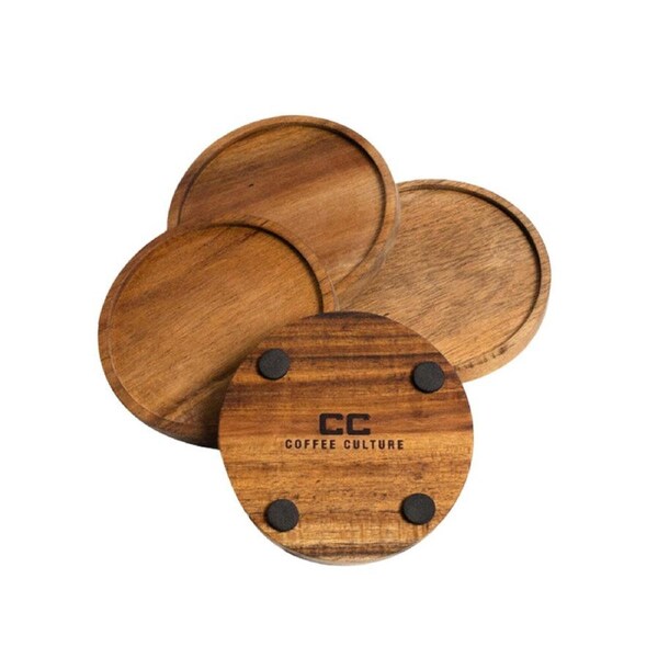4pc Coffee Culture Acacia Coasters Round Non-Slip Beverage Mat 10cm Brown