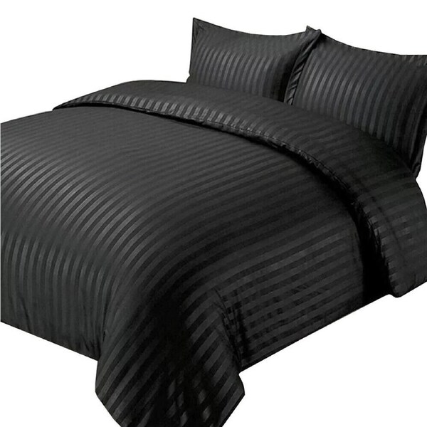 Luxury Ultra Soft Striped Silk Satin Duvet Doona Quilt Cover Set Bed Black 210 cm x 210 cm
