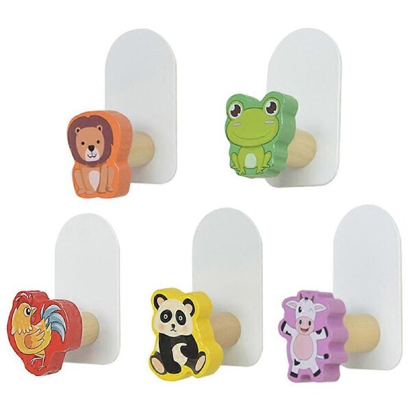 5pcs Animal Wall Hooks Wood Wall Hooks Sticky Hooks Cartoon Hanging Hooks