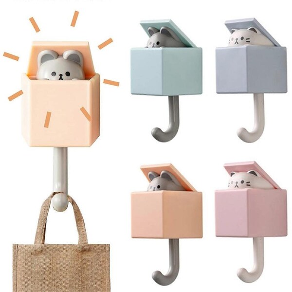 4 Pcs Self-Adhesive Wall Hooks, Cartoon Wall Hooks, Cat Keys Hats Hooks for Home Kitchen