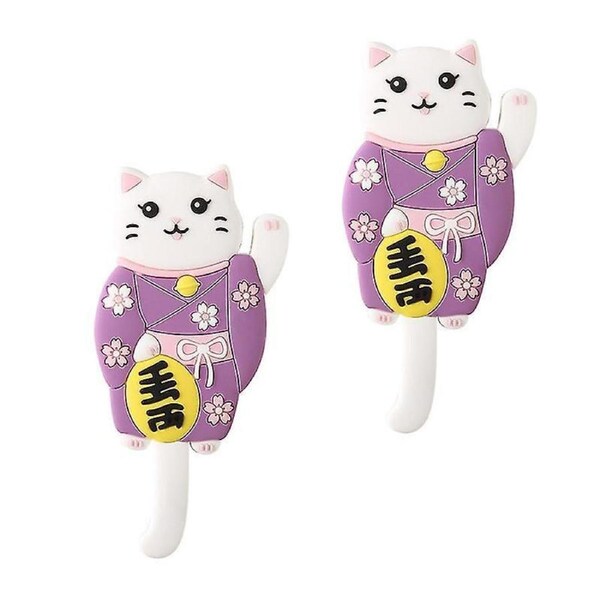 12.5X5.5cm Violet Utility Hooks 2pcs Wall Hooks Door Coat Hanger Heavy Duty Sticky Hooks Cartoon Cat