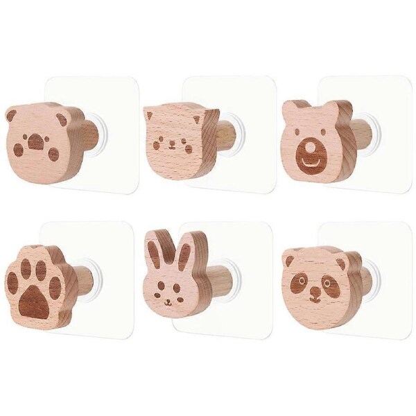 6pcs Coat Hooks Wall Mounted Wooden Cartoon Wall Mount Hooks Wall Hooks
