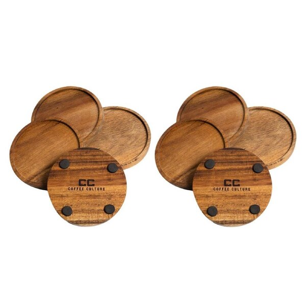 2x 4pc Coffee Culture Acacia Coasters Round Non-Slip Beverage Mat 10cm Brown