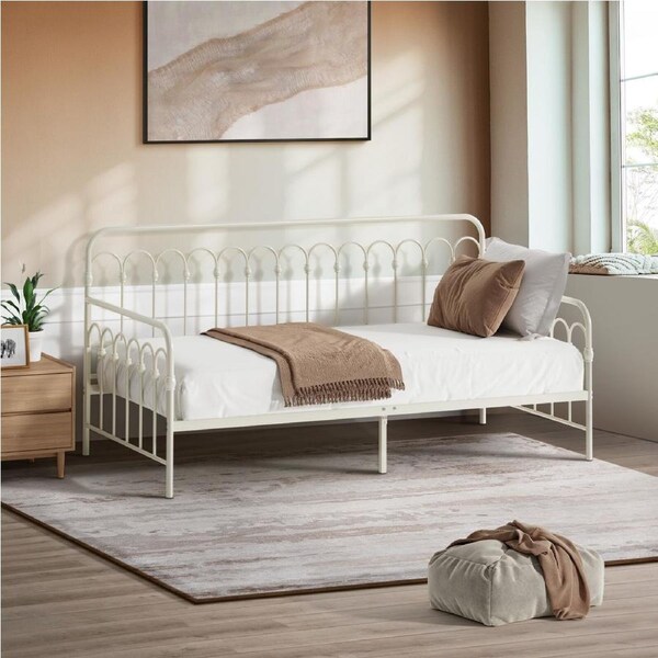 Oikiture Metal Daybed Frame Single Size Sofa Bed Steel Slat Support Beige