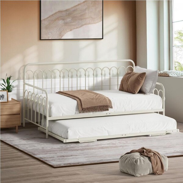 Oikiture Trundle Bed Frame Daybed Single Size Base Metal Single Beds x2 Beige