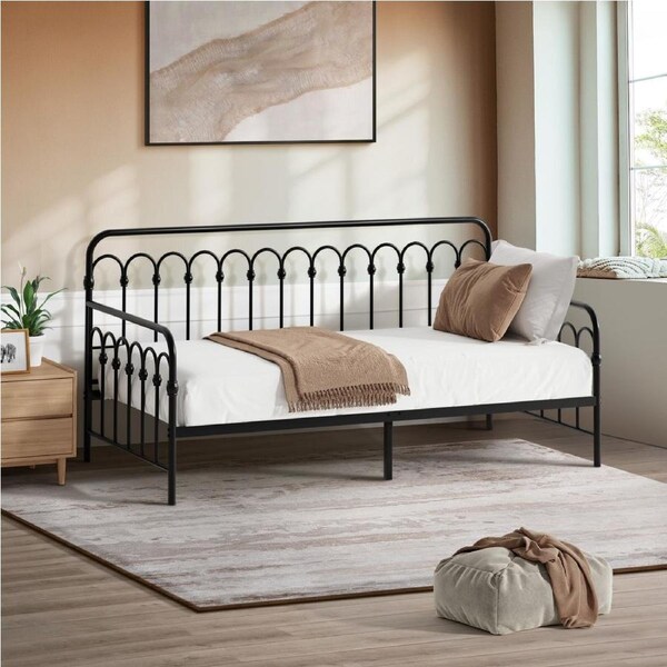 Oikiture Metal Daybed Frame Single Size Sofa Bed Steel Slat Support Black