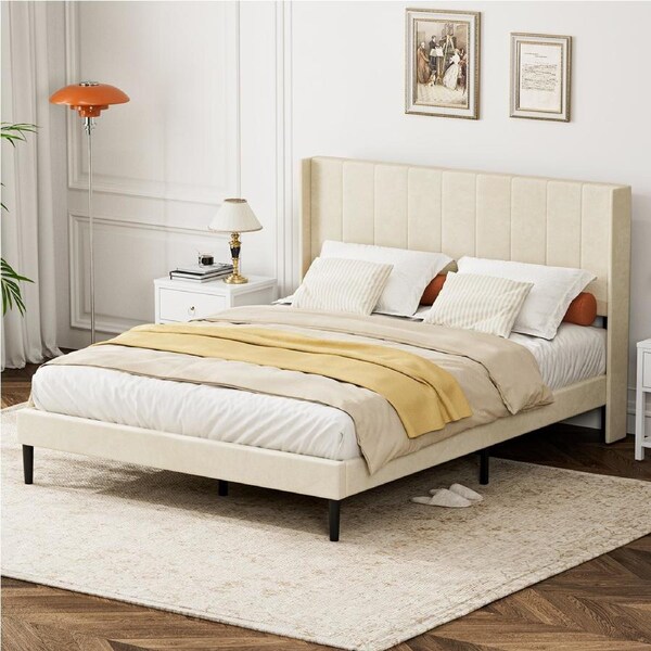 ApexSpace Bed Frame (Queen) – Upholstered Velvet, Soft Padded Headboard, Quiet Metal Platform, No Box Spring Needed, 210 x 160 cm, Beige