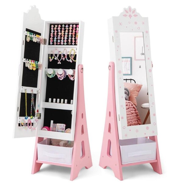 Giantex Kids Jewelry Storage Cabinet Full Length Mirror w/Tilt Angles Vanity Dress Up Armoire