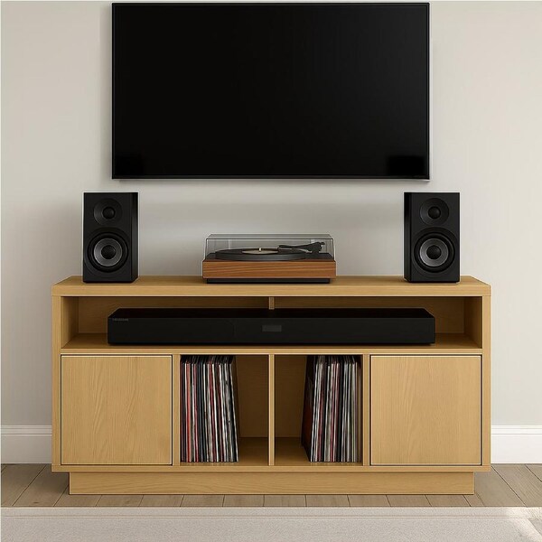 EDISON Media Stand 1400mm, Vinyl Record & Component Storage with Cupboards, Red Oak Finish by Tauris
