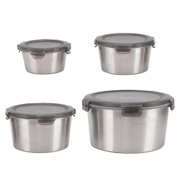 4Pcs Stainless Steel Preservation Box Large Capacity Round Food Storage Container Box with Lid for Daily Work School