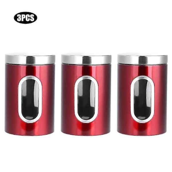 3PCS Stainless Steel Food Storage Container Snack Sealed Jars for Tea SugarRed