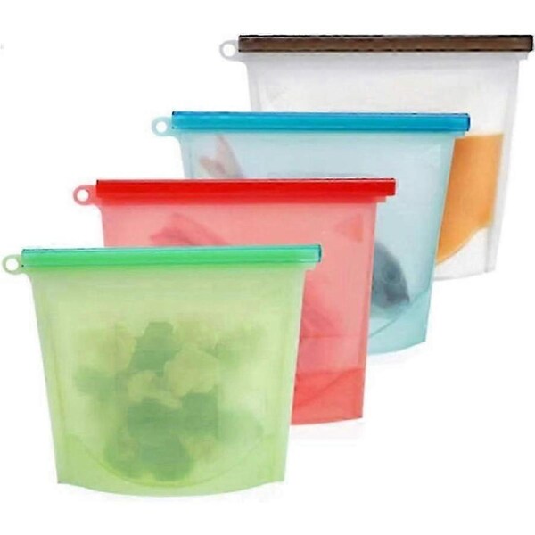 Silicone Set of 4 Reusable Storage Bag for Fruit Vegetable Preserving and Freezing Meat Soup, Airtight, Leak-Proof Food Container (17x21,5x8,5 cm)