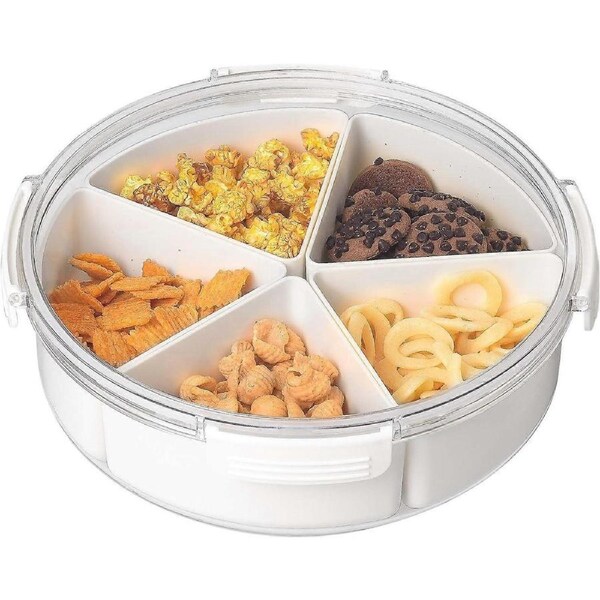 White Round Plastic Divided Serving Tray with Lids, 5 Individual Dishes Food Storage Containers, Serving Platter for Snack, Fruit, Veggie, Candies, et