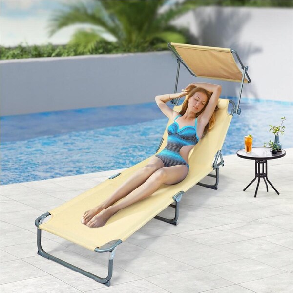 Levede Folding Beach Lounge Chair Portable Sun Lounger Deck Outdoor Khaki