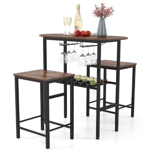 Giantex 3PCS Dining Table Set Counter Height Oval Table & 2 Stools w/Wine Rack Kitchen Furniture