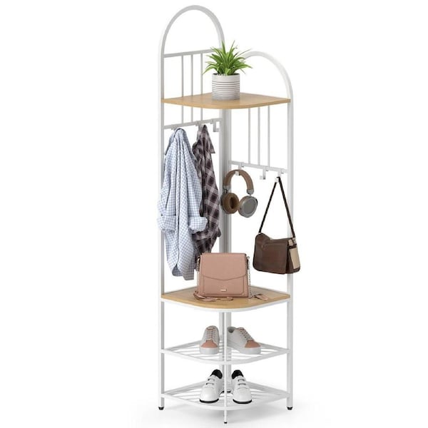 Costway 4-Tier Coat Rack Corner Hall Tree w/Shoe Storage Bench & 6 Removable Hooks 180cm Entryway Bedroom Natural