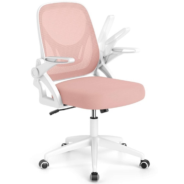 Costway Swivel Mesh Office Chair w/Lumbar Support/Flip-up Arms Adjustable Ergonomic Computer Desk Chair Pink