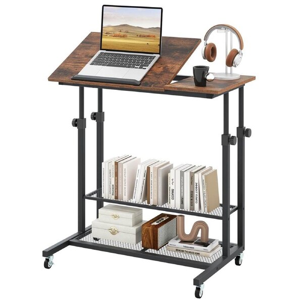 Costway Tilting Standing Desk Height Adjustable Stand up Computer Desk w/Storage Shelves Mobile Laptop Table