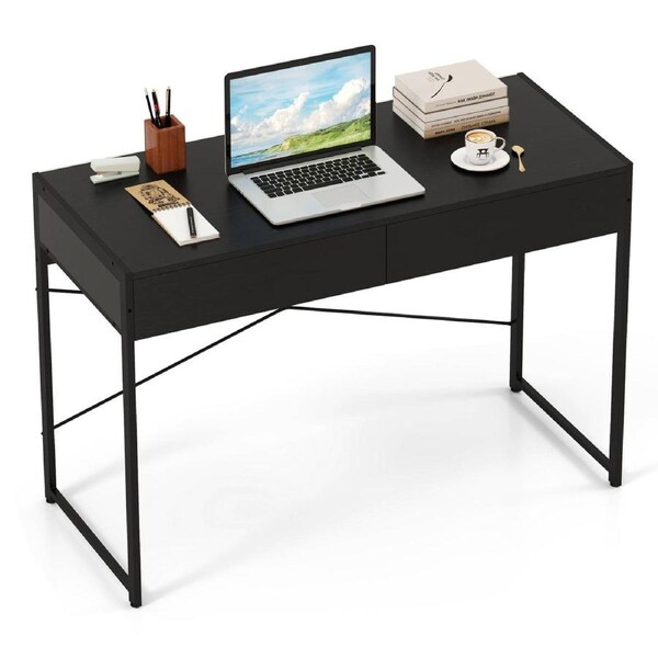 Costway Modern Computer Desk w/2 Drawers 112 cm Home Office Metal Frame Study Writing Table