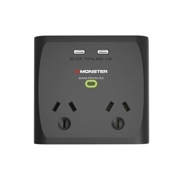 Monster Dual Socket Surge Protector with Dual USB-C Ports - Black