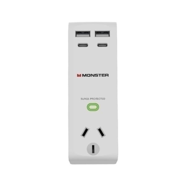 Monster Single Socket Surge Protector with USB-C & USB-A Ports - White