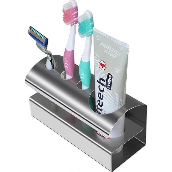 Convenient Wall Mounted Toothbrush Holder Toothpaste Durable 304 Stainless Steel Brushed in Matte Silver No Drilling Razor Holder Self Adhesive 3M Adh