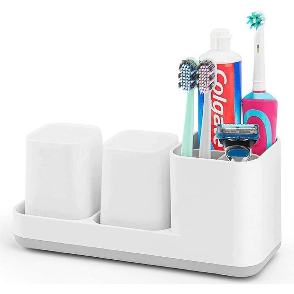 Toothbrush Holder, Toothbrush Holder For Toothbrush And Toothpaste, Tooth Cups, 2 Bathroom Tooth Cups, Plastic, White