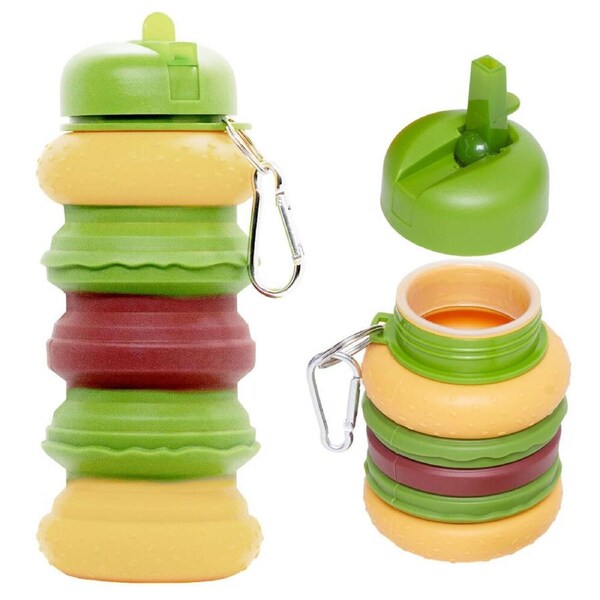 Collapsible Burger Water Bottle Green with Straw & Keychain Clip