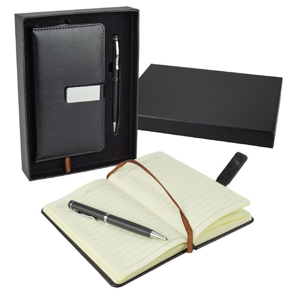 Notebook & Pen Gift Set Black Faux Leather with Silver Clasp & Gift Box