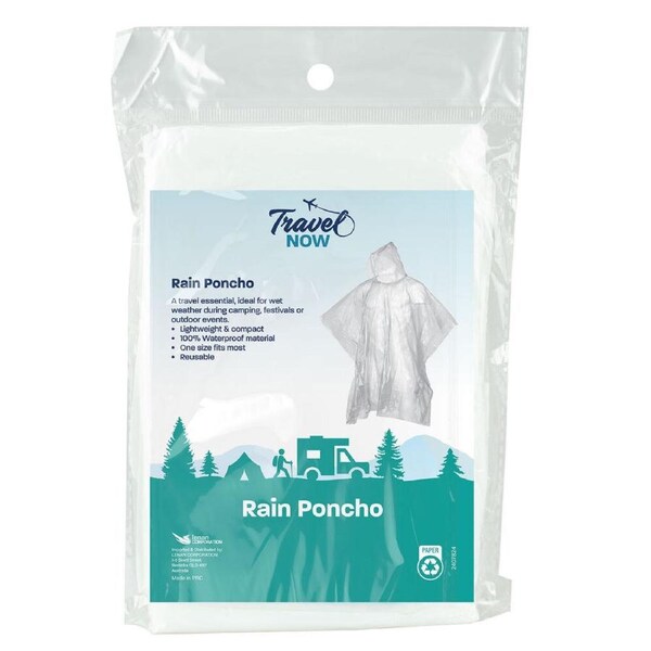 Travel Now Clear Waterproof Rain Poncho One Size Fits Most Reusable