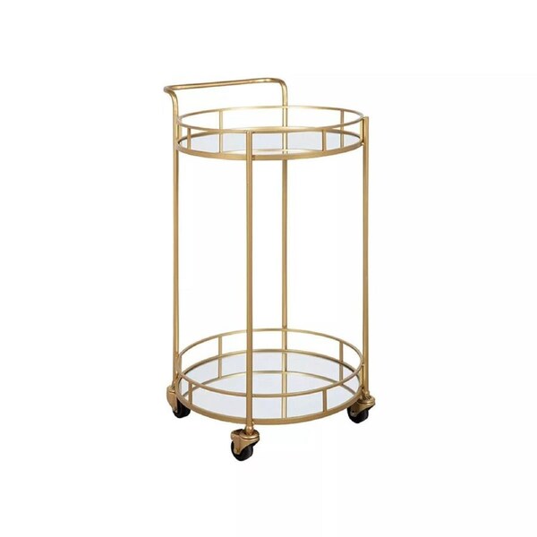 Round Gold Bar Cart Rolling Serving Drinks Metal Trolley Tea Wine Coffee