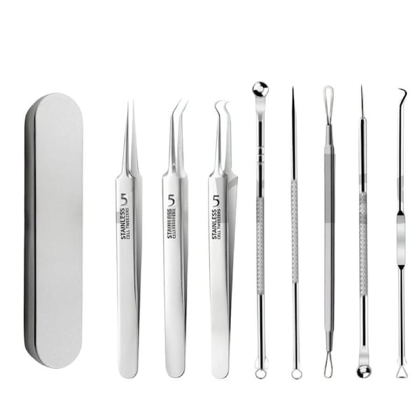 8Pcs Blackhead Remover Pimple Tool Kit Acne Comedone Extractor Tweezer Tools