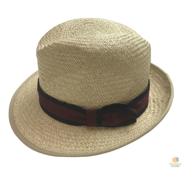 Natural Palm STRAW PANAMA HAT Fedora Sun Italian Shape Petersham Band 2254 - Navy/Burgundy Band - M (56/57cm)