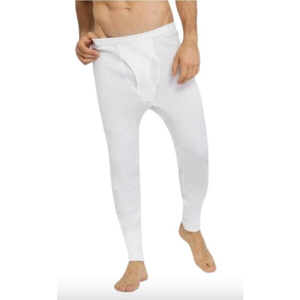 Thermo Fleece Mens Thermal Long John Tights Baselayer Cotton Blend Pants - White