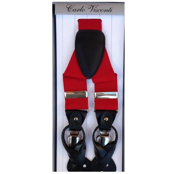 Mens Premium Convertible Suspenders Braces Clip On Elastic Y-Back Traditional Leather Tab - Red