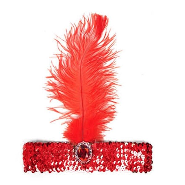Wide Red 1920s Flapper Headband – Feather Sequin